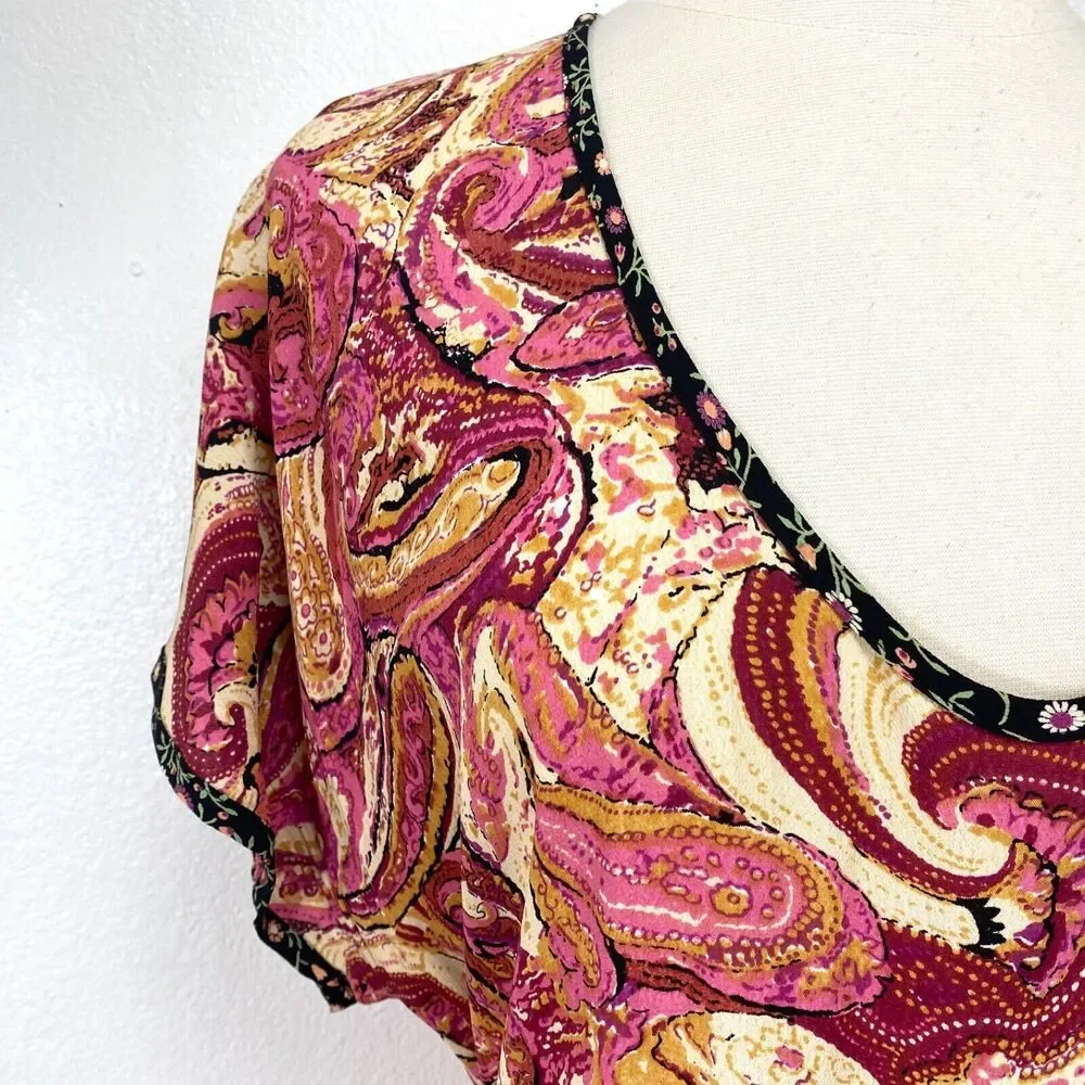 Vintage Zoe Womans Maxi Dress Large  Rayon Crepe Pink Paisley Boho Peasant Y2K